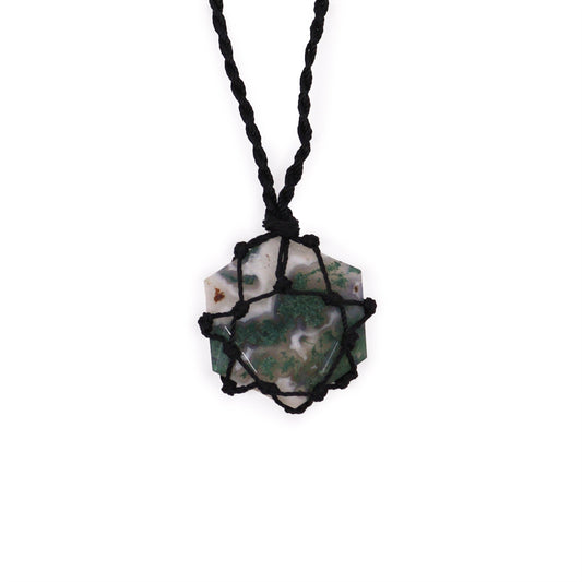 Laced Gemstone Hexagon Pendant- Moss Agate