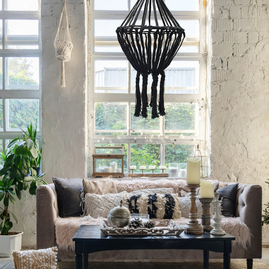 Macrame Large Drop Chandelier - Black