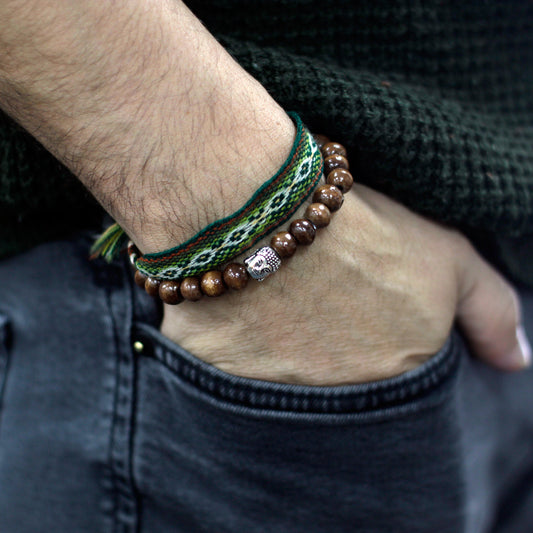 Brown Beads & Buddha Bangle Bracelet