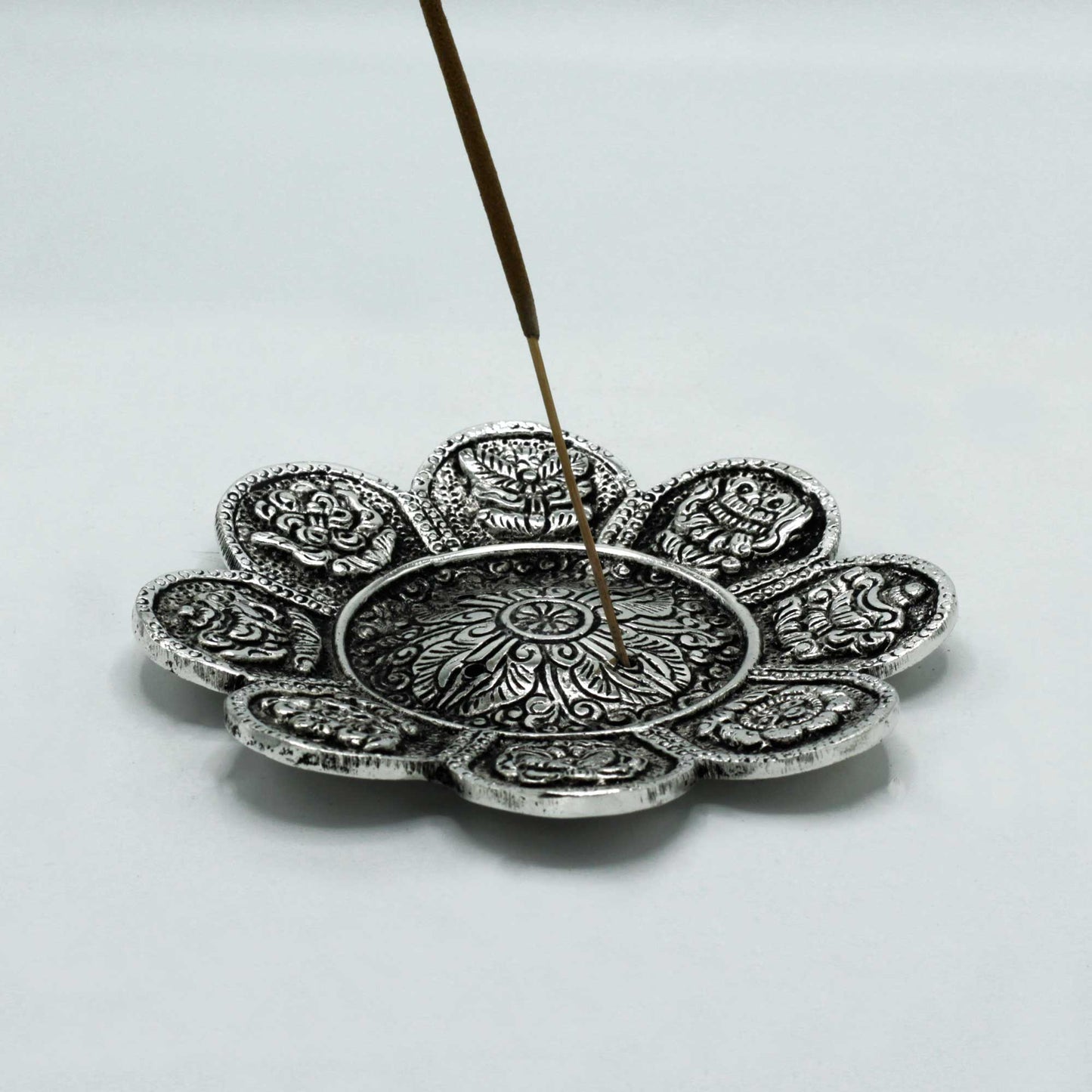 Aluminium Tibetan Symbols Incense Holder - 12cm