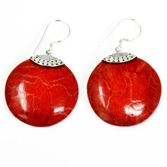 Handmade Red Coral Silver Earrings - Classic Disc