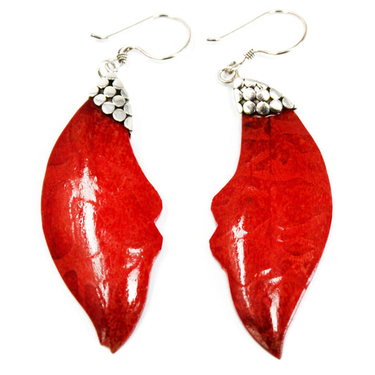 Handmade Red Coral Silver Earrings - Leaf Drop