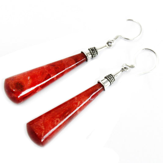 Handmade Red Coral Silver Earrings - Long Teardrop