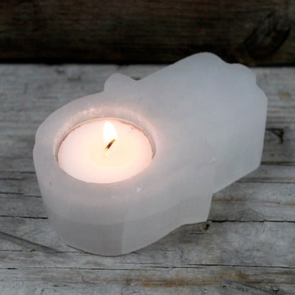 Selenite Crystal Hamsa Candle Holder