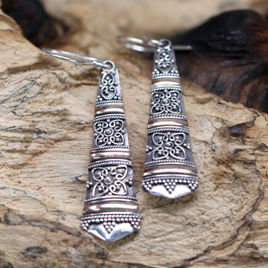 Tribal Drop Earrings - 925 Sterling Silver & 18k Gold