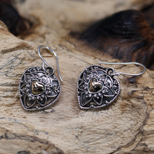 Mandala Heart Earrings - 925 Sterling Silver & 18k Gold